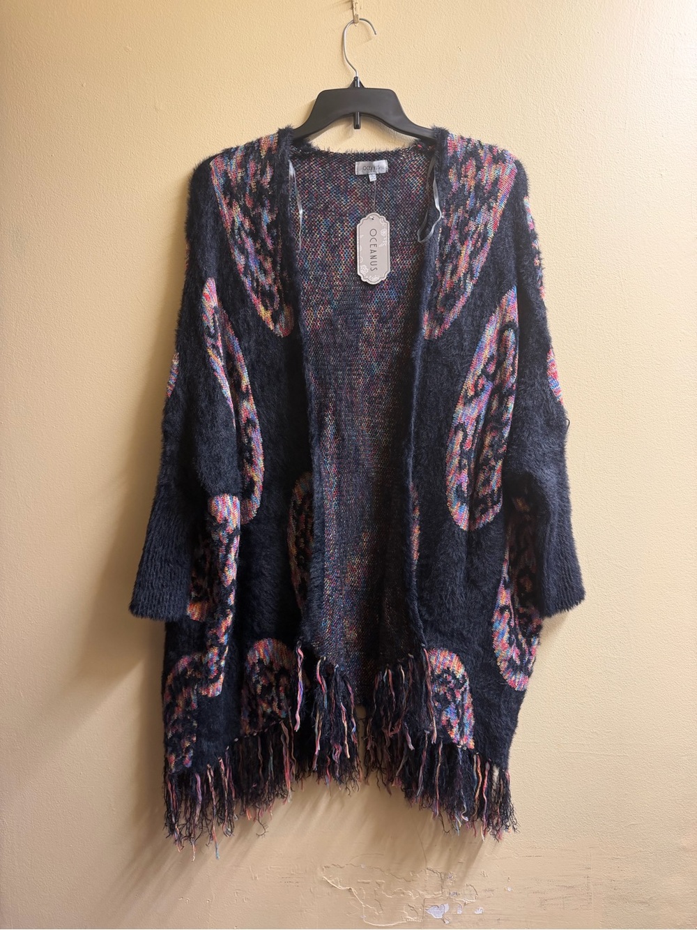 Oceanus Boho Tribal Fuzzy Fringe Cardigan Size L Oversized Multicolor NWT